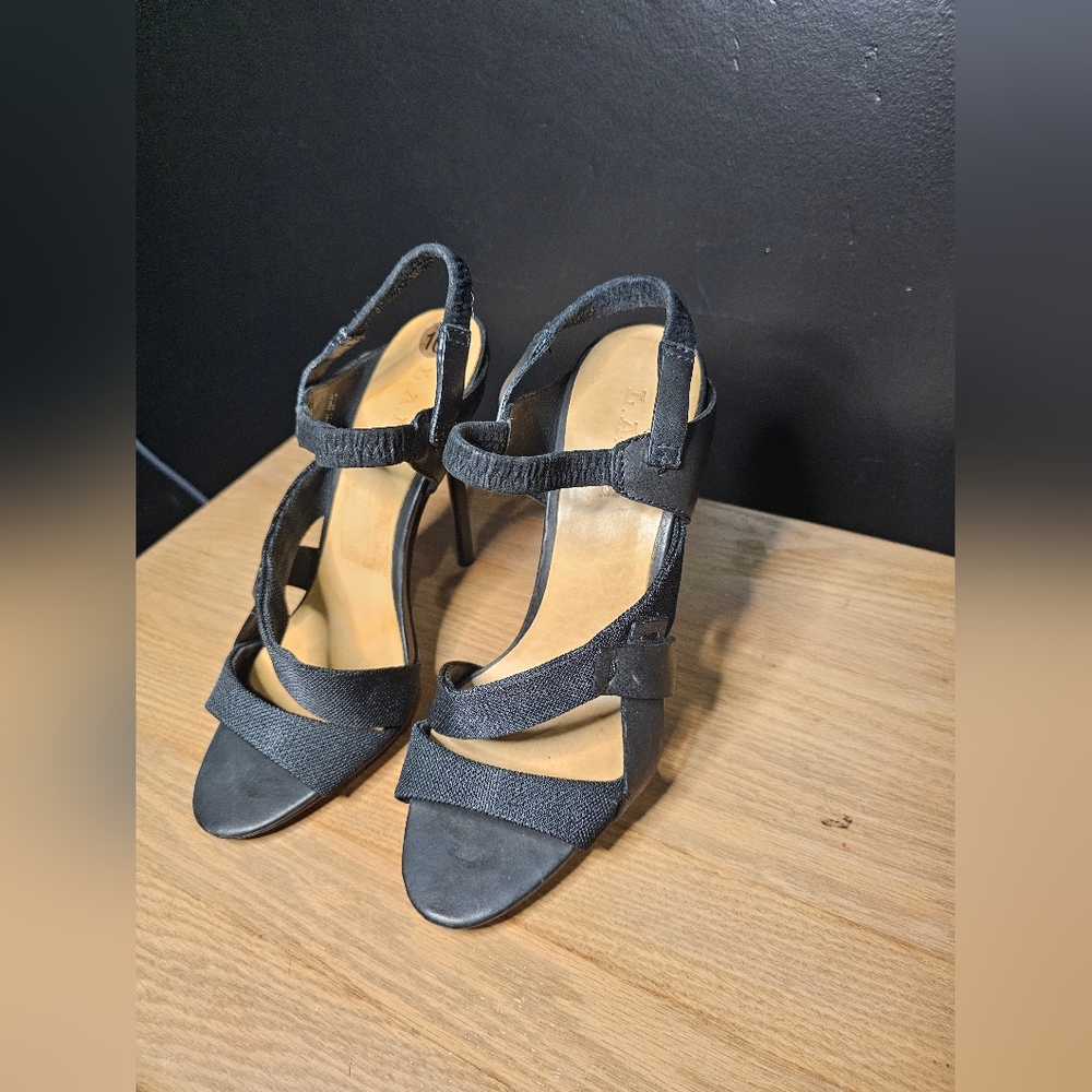 L.A.M.B Kandis Black Leather Strappy Stiletto Slingback Open Toe Heels Size 10